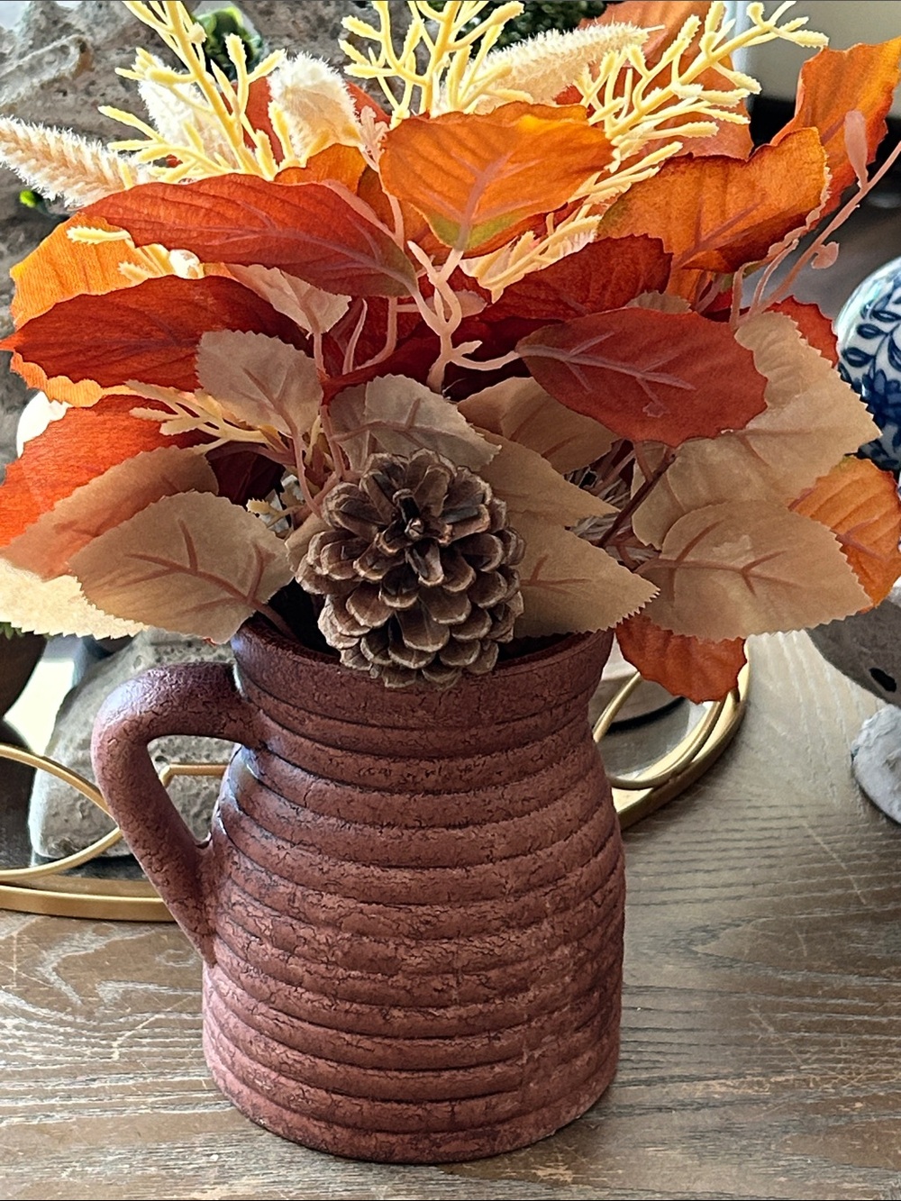 NEW! Shabby Chic Autumn Pumpkin Floral Arrangement in Rustic Ceramic Milk Jug - Picture 4 of 5